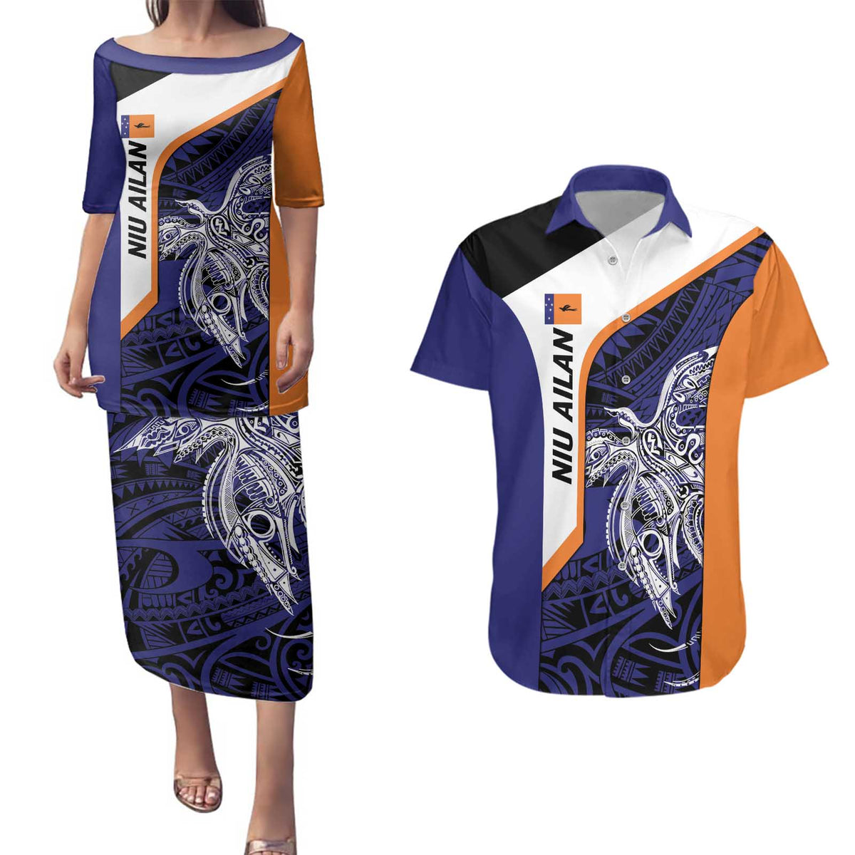 Personalised PNG New Ireland Couples Matching Puletasi and Hawaiian Shirt Bird of Paradise Tattoo Flag Motif - Polynesian Pride