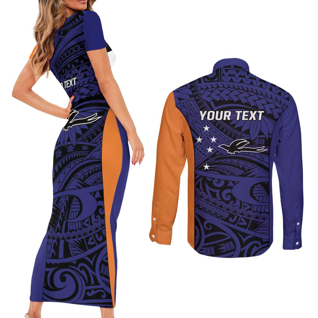 Personalised PNG New Ireland Couples Matching Short Sleeve Bodycon Dress and Long Sleeve Button Shirt Bird of Paradise Tattoo Flag Motif - Polynesian Pride