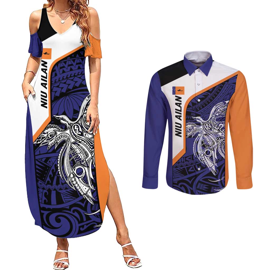 Personalised PNG New Ireland Couples Matching Summer Maxi Dress and Long Sleeve Button Shirt Bird of Paradise Tattoo Flag Motif - Polynesian Pride