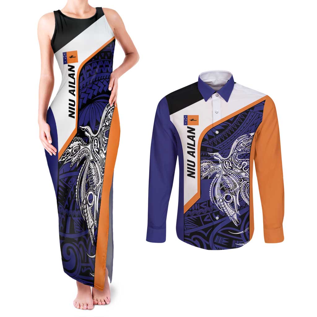 Personalised PNG New Ireland Couples Matching Tank Maxi Dress and Long Sleeve Button Shirt Bird of Paradise Tattoo Flag Motif - Polynesian Pride