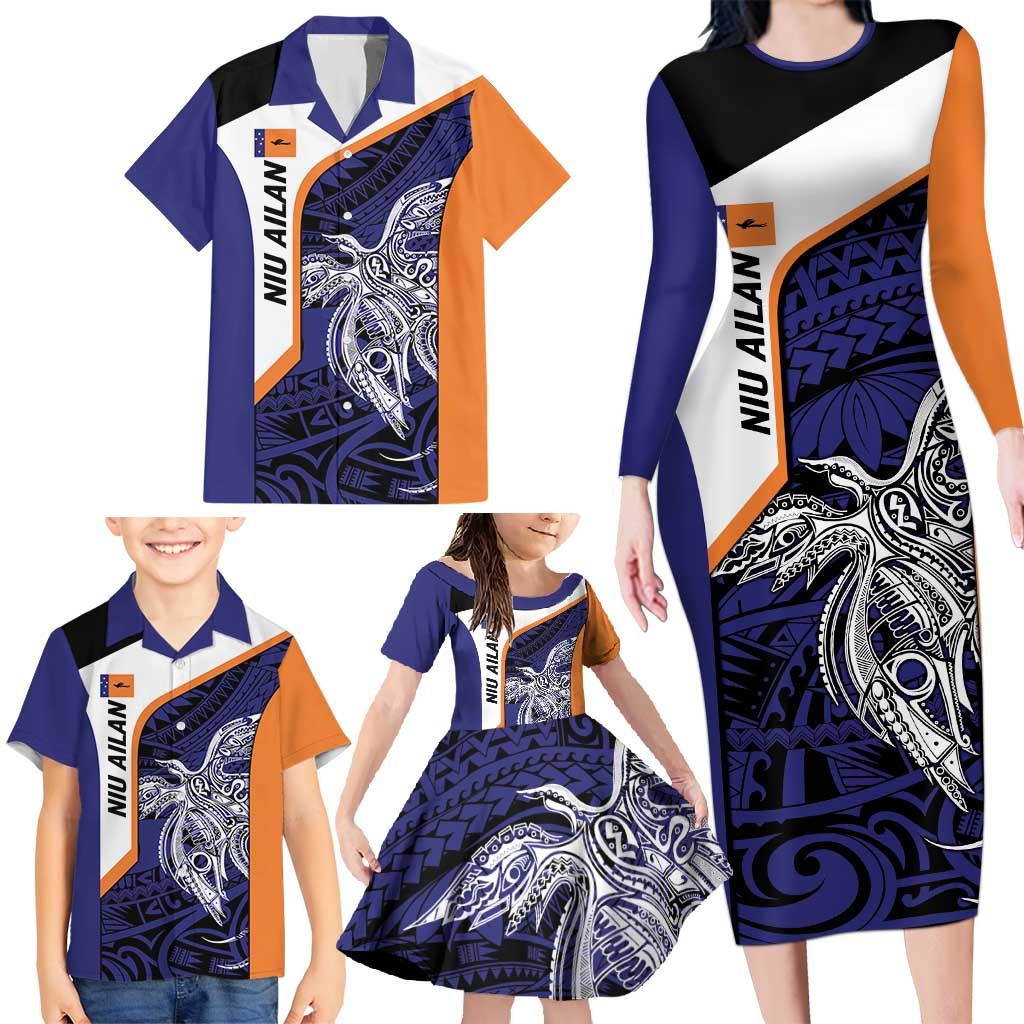 Personalised PNG New Ireland Family Matching Long Sleeve Bodycon Dress and Hawaiian Shirt Bird of Paradise Tattoo Flag Motif - Polynesian Pride