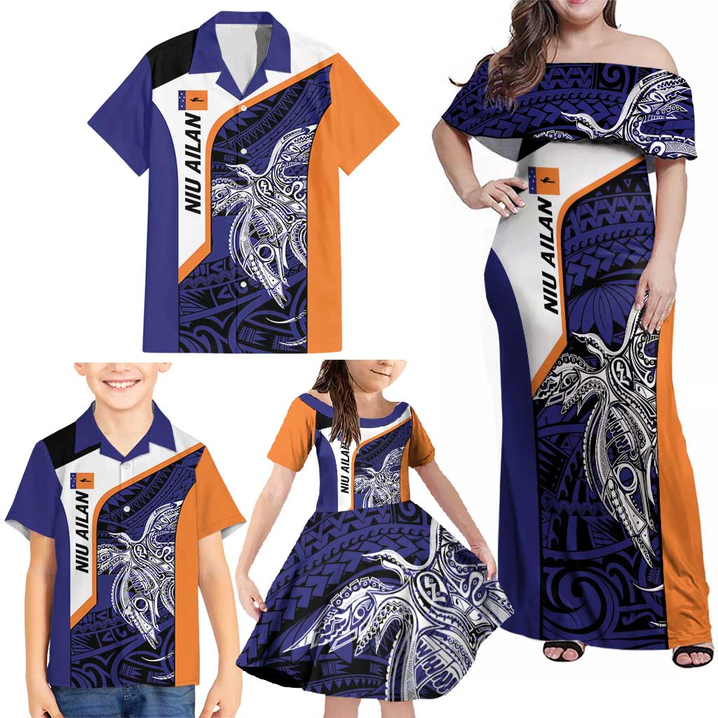 Personalised PNG New Ireland Family Matching Off Shoulder Maxi Dress and Hawaiian Shirt Bird of Paradise Tattoo Flag Motif - Polynesian Pride