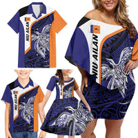 Personalised PNG New Ireland Family Matching Off Shoulder Short Dress and Hawaiian Shirt Bird of Paradise Tattoo Flag Motif - Polynesian Pride