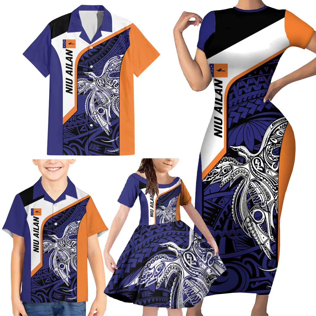Personalised PNG New Ireland Family Matching Short Sleeve Bodycon Dress and Hawaiian Shirt Bird of Paradise Tattoo Flag Motif - Polynesian Pride