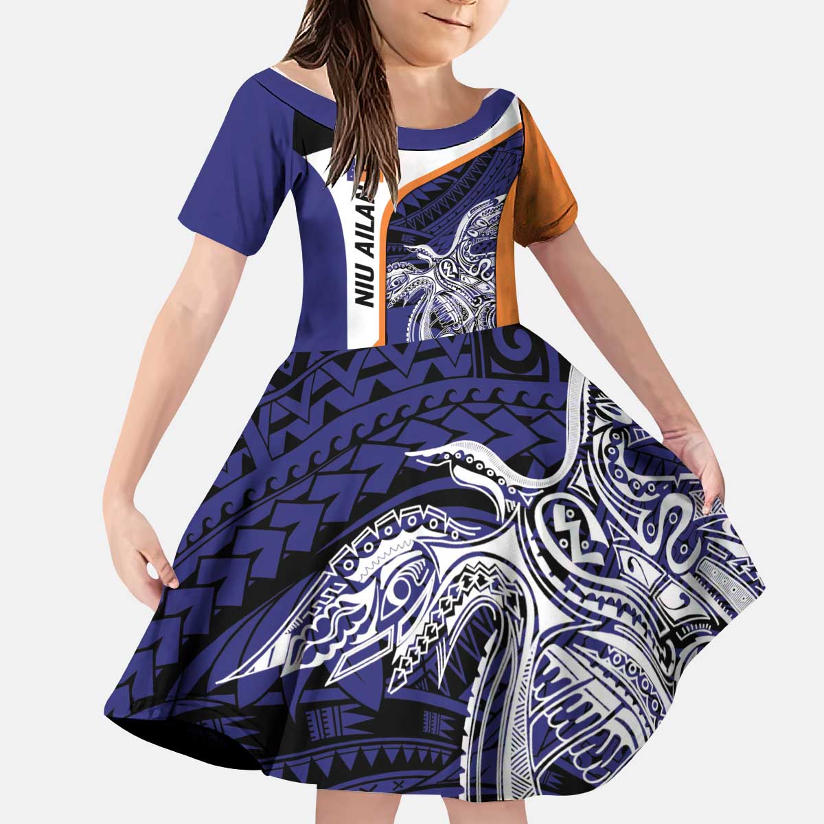 Personalised PNG New Ireland Kid Short Sleeve Dress Bird of Paradise Tattoo Flag Motif - Polynesian Pride