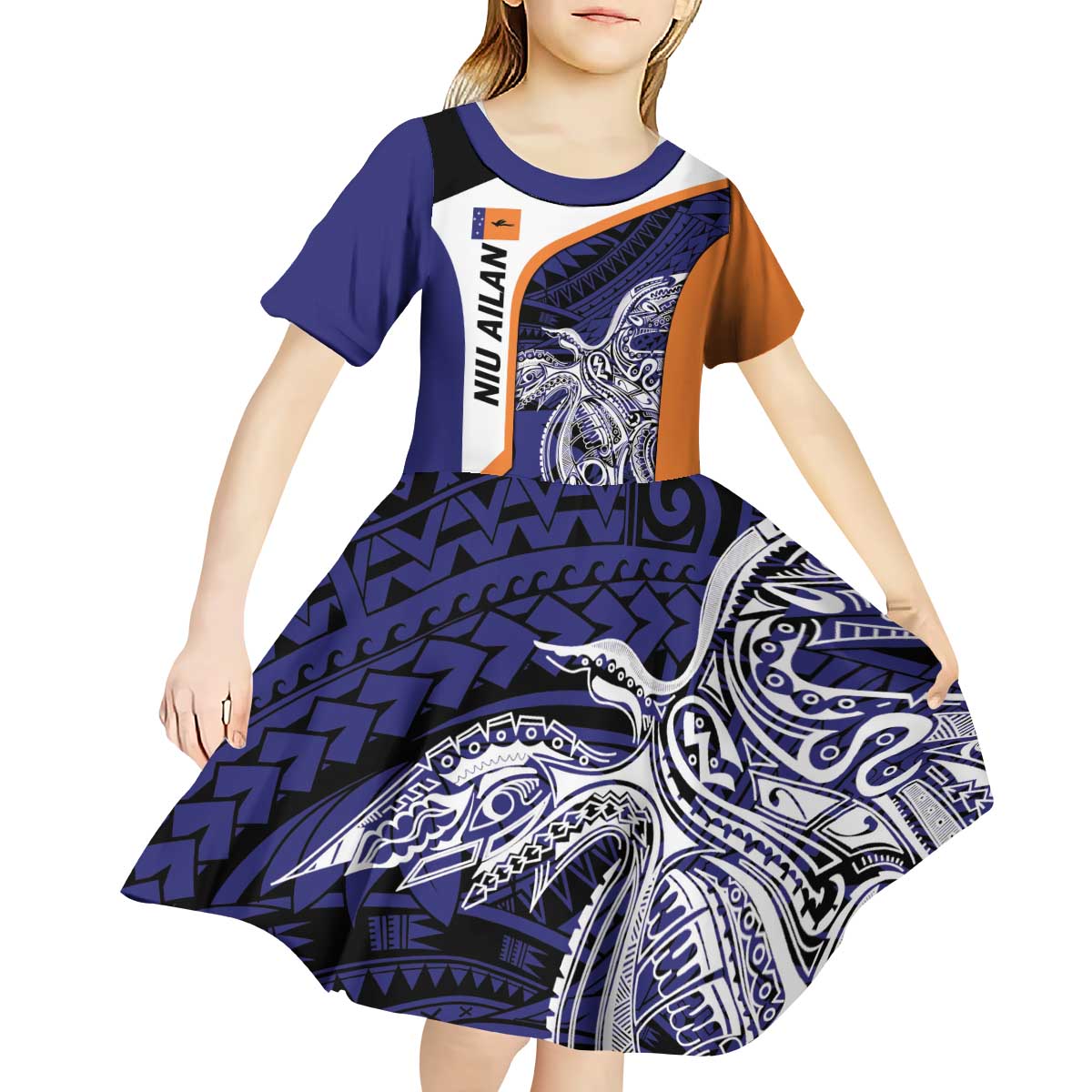 Personalised PNG New Ireland Kid Short Sleeve Dress Bird of Paradise Tattoo Flag Motif - Polynesian Pride