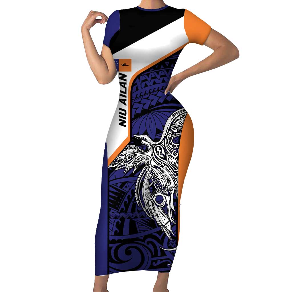 Personalised PNG New Ireland Short Sleeve Bodycon Dress Bird of Paradise Tattoo Flag Motif - Polynesian Pride