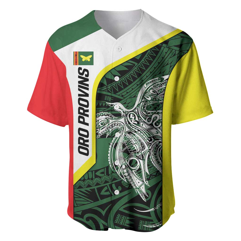 Personalised PNG Oro Province Baseball Jersey Bird of Paradise Tattoo Flag Motif - Polynesian Pride