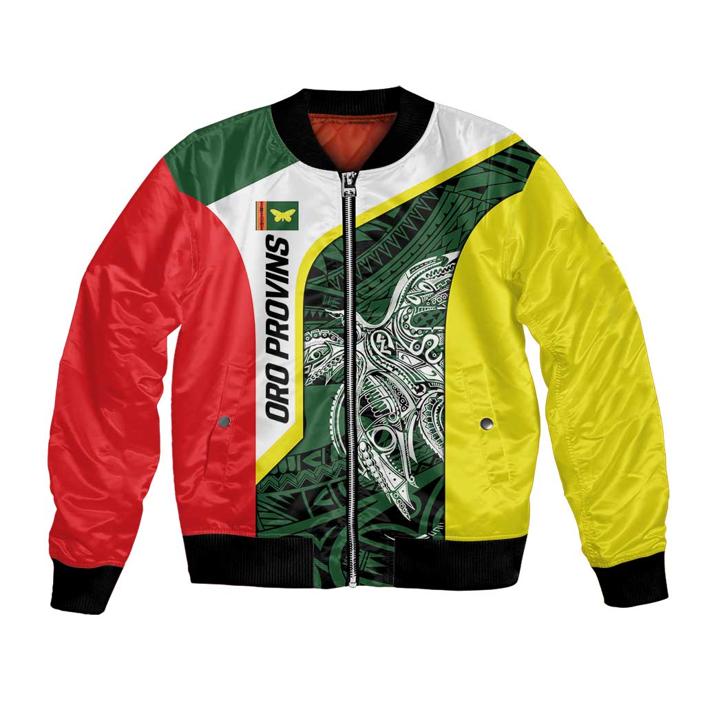 Personalised PNG Oro Province Bomber Jacket Bird of Paradise Tattoo Flag Motif - Polynesian Pride