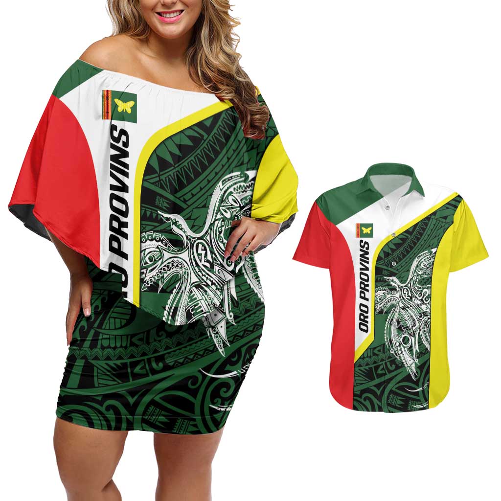 Personalised PNG Oro Province Couples Matching Off Shoulder Short Dress and Hawaiian Shirt Bird of Paradise Tattoo Flag Motif - Polynesian Pride