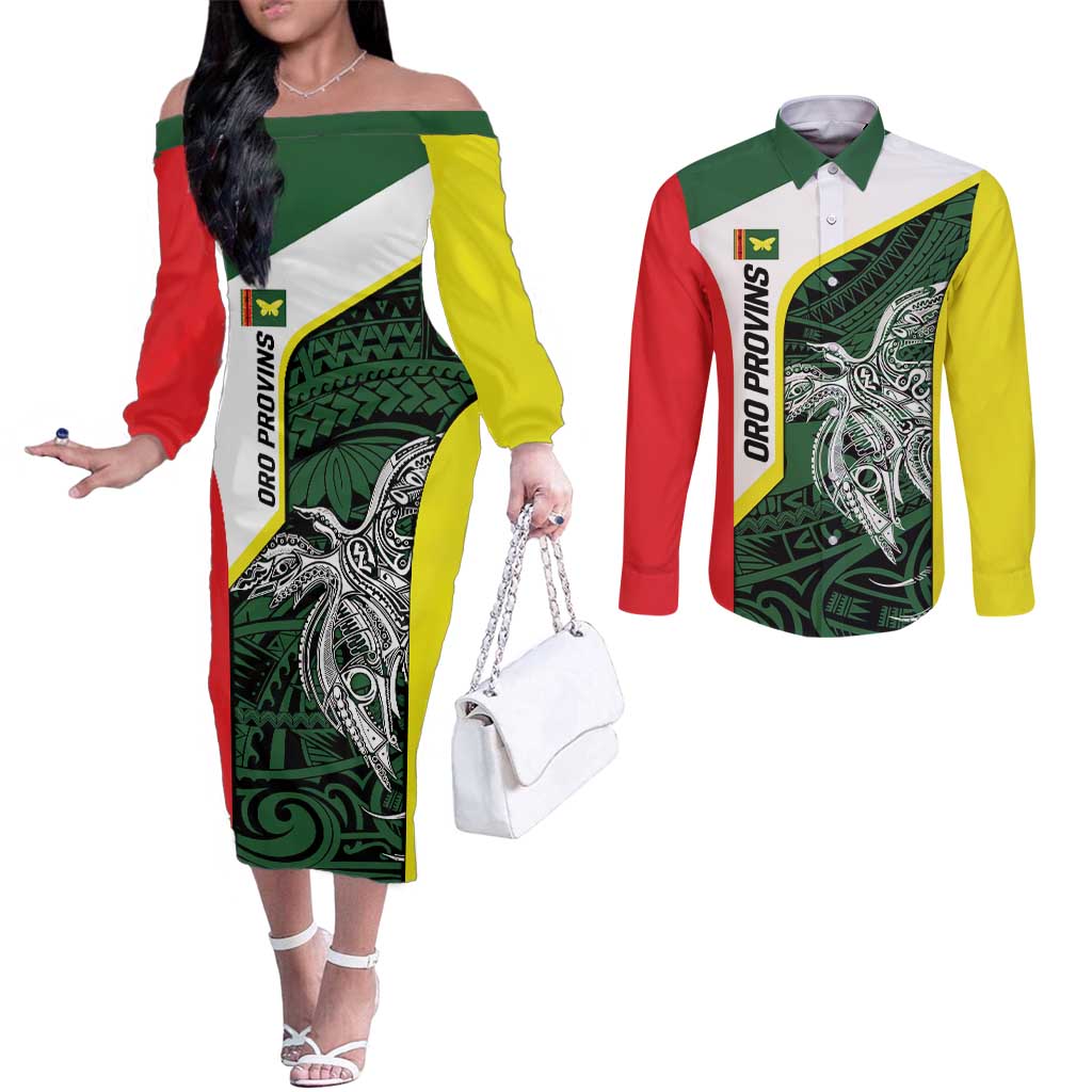 Personalised PNG Oro Province Couples Matching Off The Shoulder Long Sleeve Dress and Long Sleeve Button Shirt Bird of Paradise Tattoo Flag Motif LT9 Green - Polynesian Pride