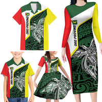 Personalised PNG Oro Province Family Matching Long Sleeve Bodycon Dress and Hawaiian Shirt Bird of Paradise Tattoo Flag Motif - Polynesian Pride