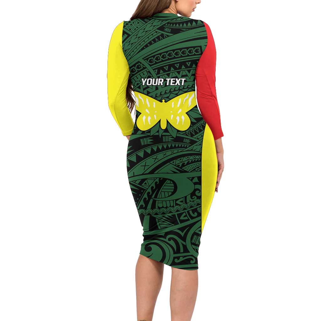 Personalised PNG Oro Province Family Matching Long Sleeve Bodycon Dress and Hawaiian Shirt Bird of Paradise Tattoo Flag Motif - Polynesian Pride