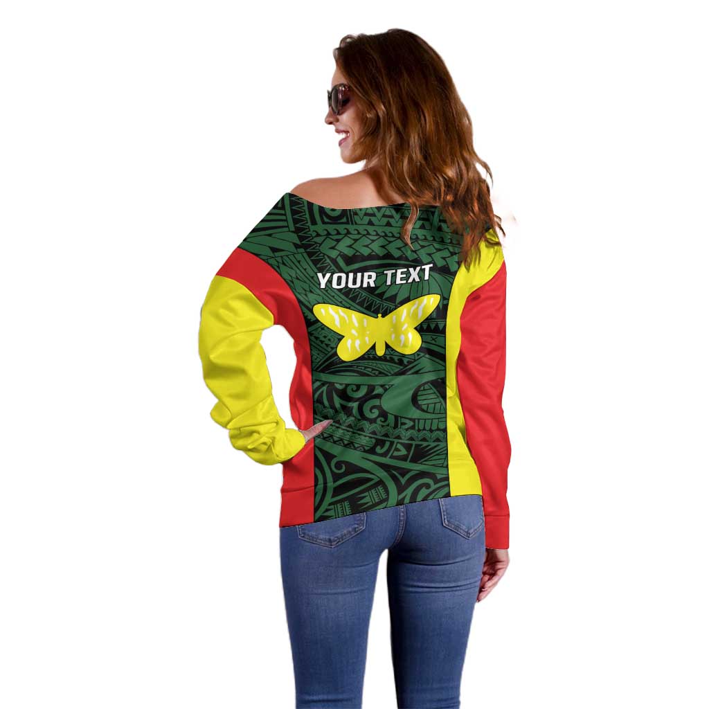 Personalised PNG Oro Province Off Shoulder Sweater Bird of Paradise Tattoo Flag Motif - Polynesian Pride