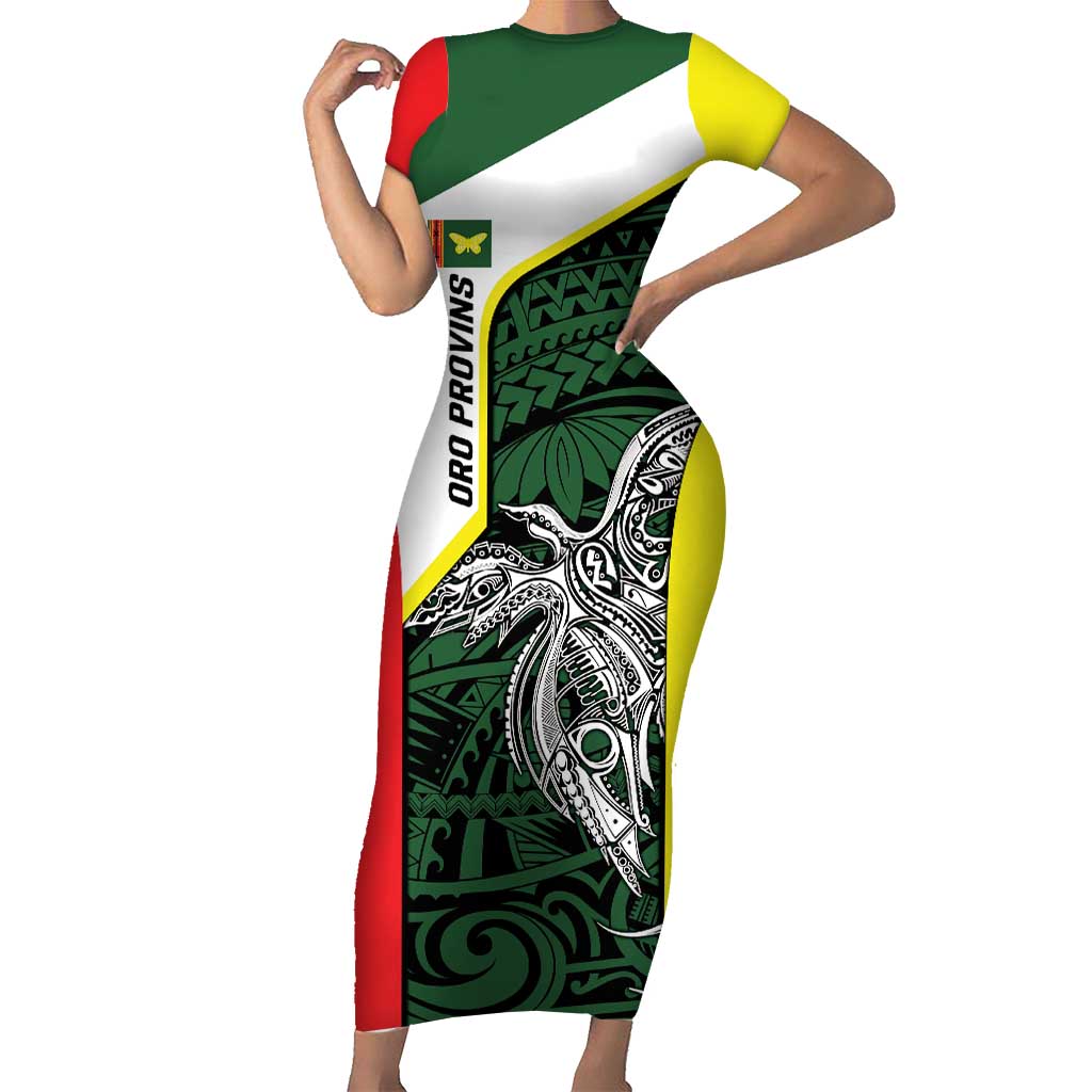 Personalised PNG Oro Province Short Sleeve Bodycon Dress Bird of Paradise Tattoo Flag Motif - Polynesian Pride