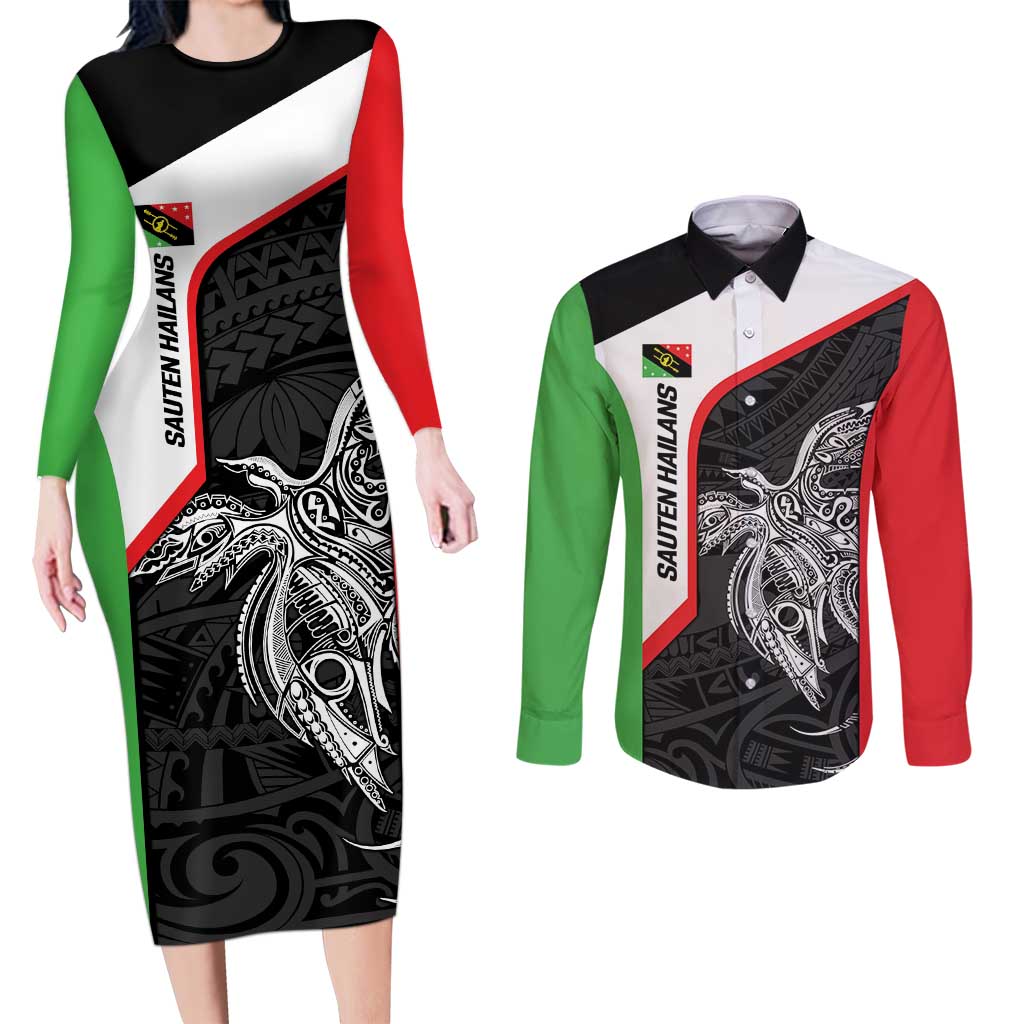 Personalised PNG Southern Highlands Province Couples Matching Long Sleeve Bodycon Dress and Long Sleeve Button Shirt Bird of Paradise Tattoo Flag Motif - Polynesian Pride