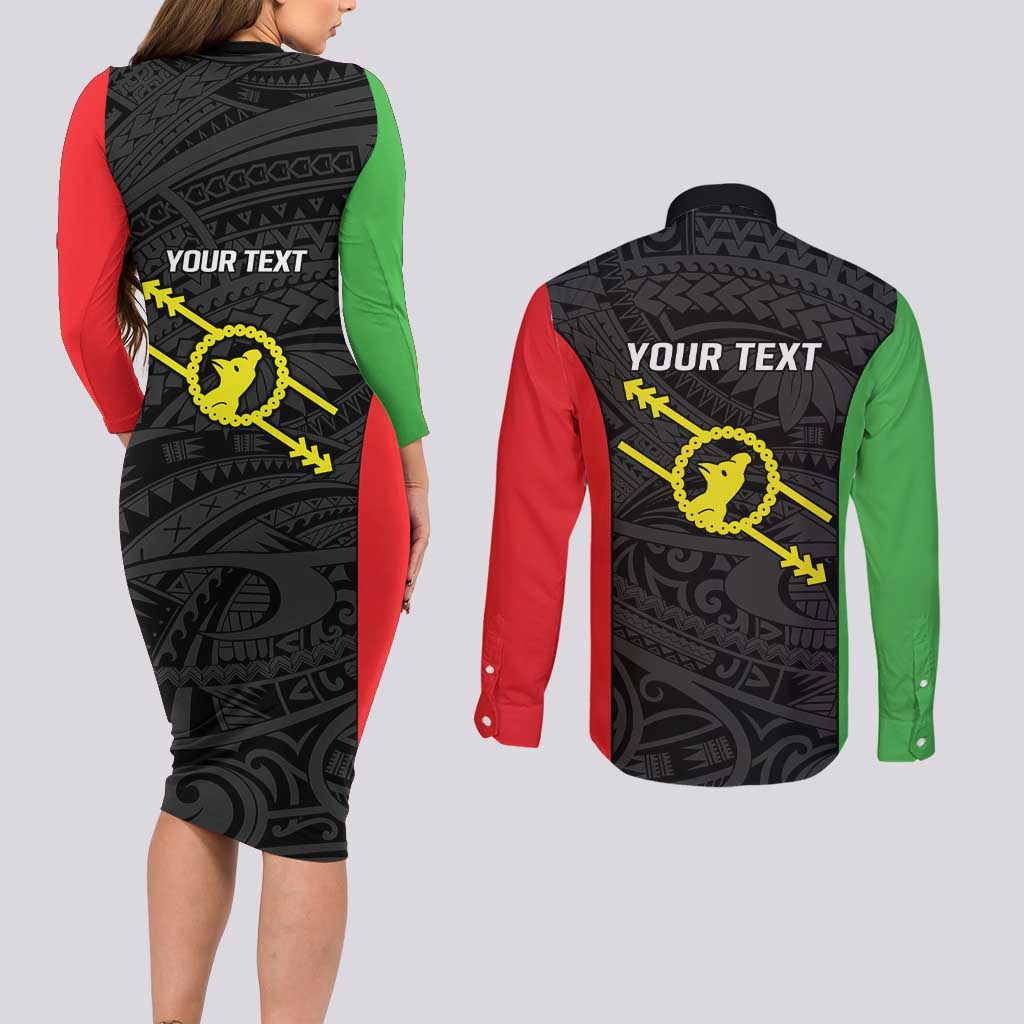Personalised PNG Southern Highlands Province Couples Matching Long Sleeve Bodycon Dress and Long Sleeve Button Shirt Bird of Paradise Tattoo Flag Motif - Polynesian Pride
