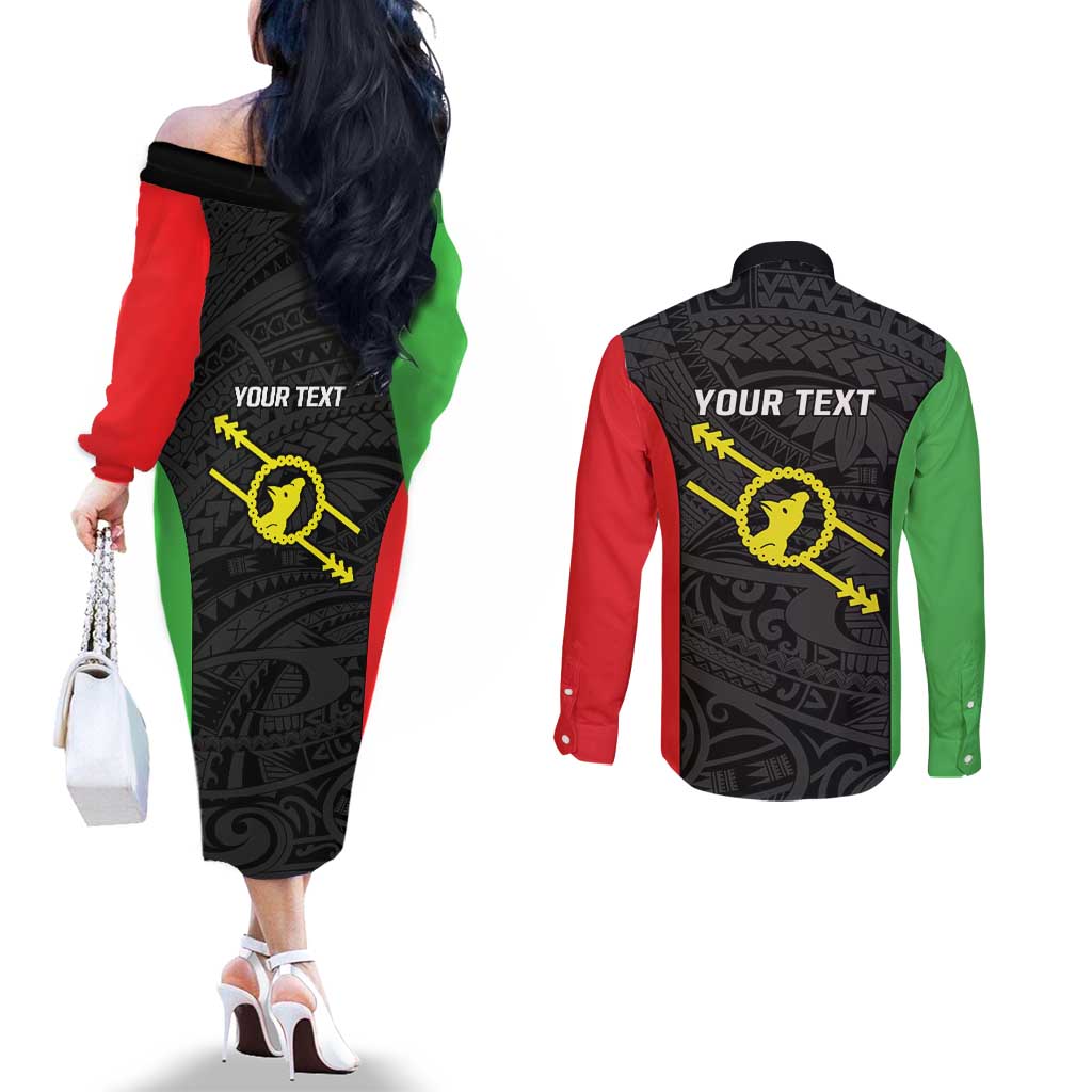 Personalised PNG Southern Highlands Province Couples Matching Off The Shoulder Long Sleeve Dress and Long Sleeve Button Shirt Bird of Paradise Tattoo Flag Motif - Polynesian Pride
