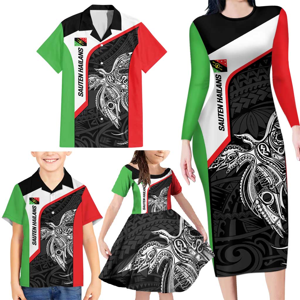 Personalised PNG Southern Highlands Province Family Matching Long Sleeve Bodycon Dress and Hawaiian Shirt Bird of Paradise Tattoo Flag Motif - Polynesian Pride