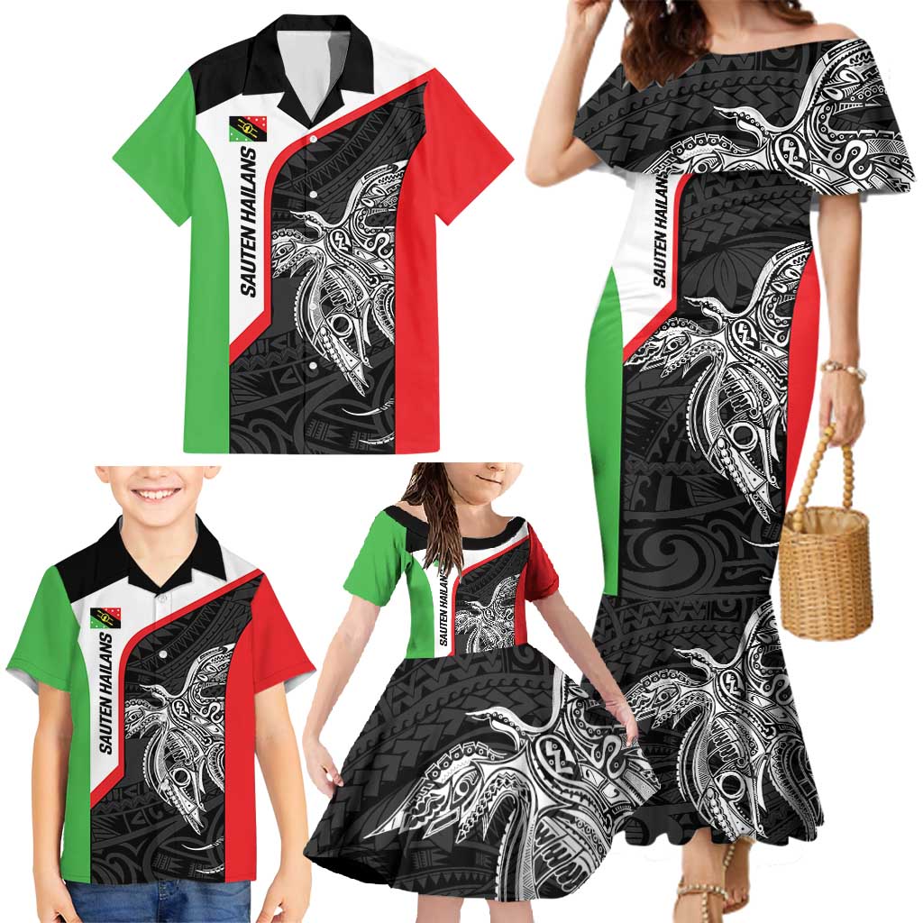Personalised PNG Southern Highlands Province Family Matching Mermaid Dress and Hawaiian Shirt Bird of Paradise Tattoo Flag Motif - Polynesian Pride