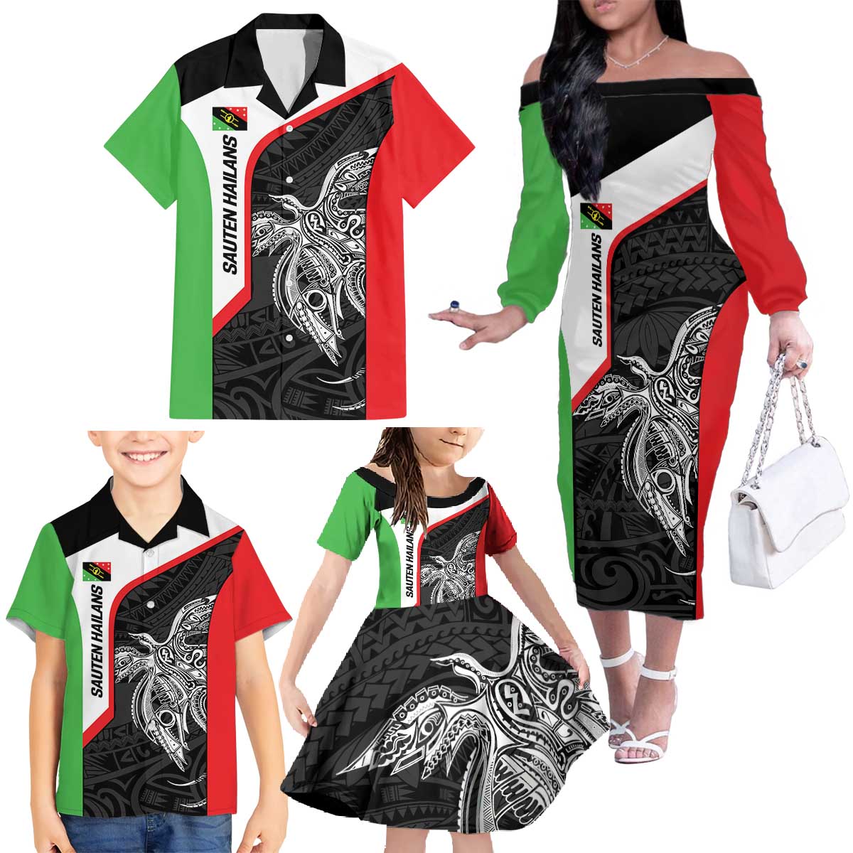 Personalised PNG Southern Highlands Province Family Matching Off The Shoulder Long Sleeve Dress and Hawaiian Shirt Bird of Paradise Tattoo Flag Motif - Polynesian Pride