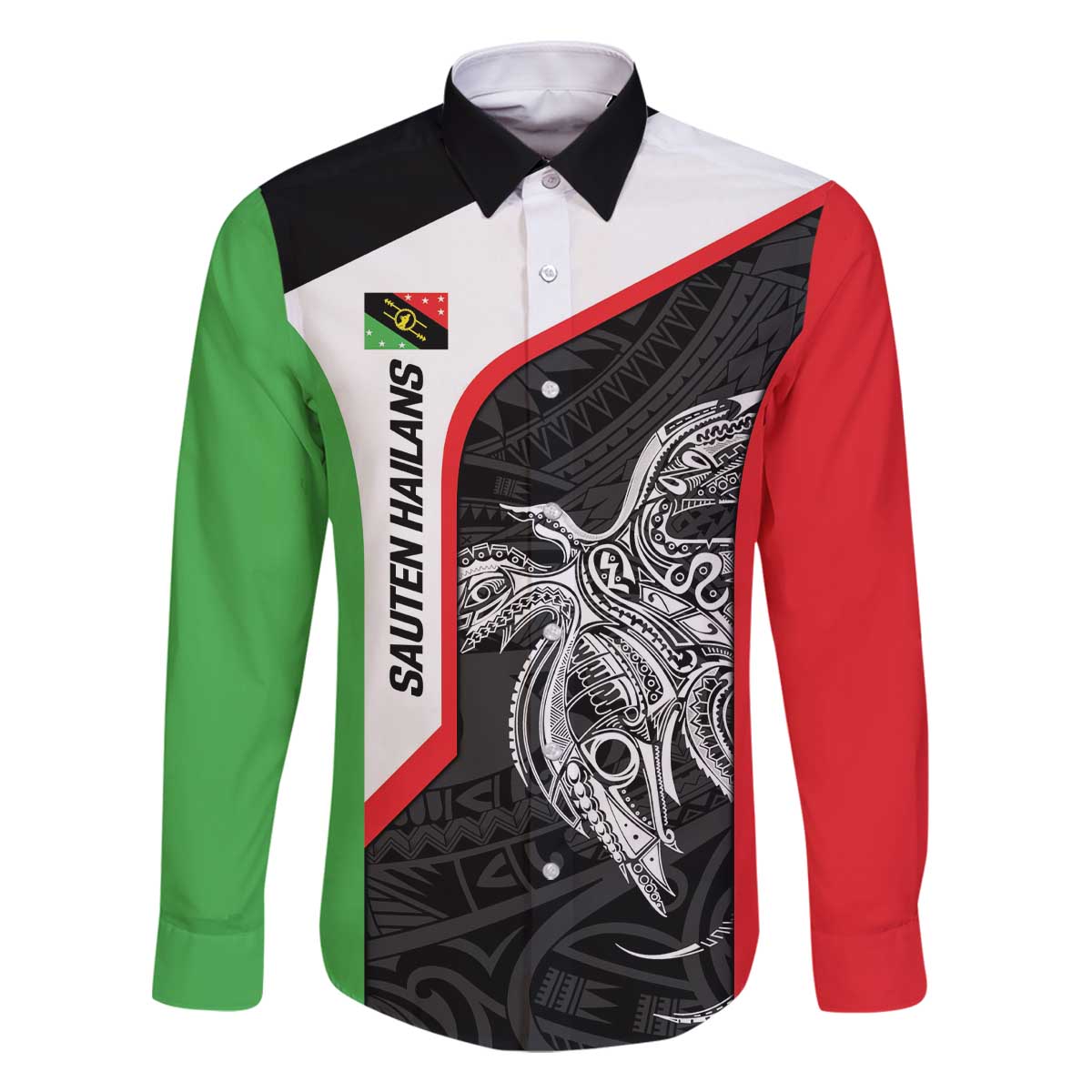 Personalised PNG Southern Highlands Province Family Matching Off The Shoulder Long Sleeve Dress and Hawaiian Shirt Bird of Paradise Tattoo Flag Motif - Polynesian Pride