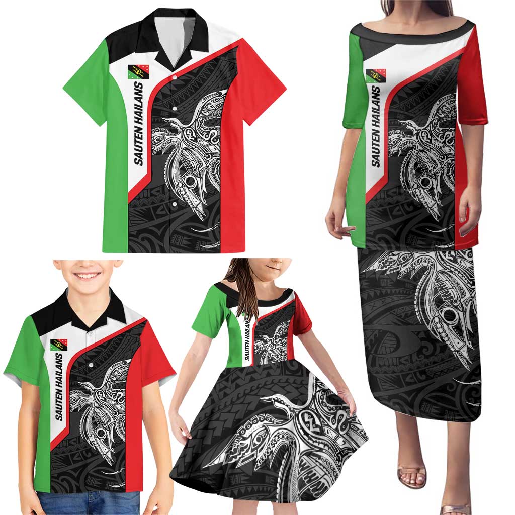 Personalised PNG Southern Highlands Province Family Matching Puletasi and Hawaiian Shirt Bird of Paradise Tattoo Flag Motif - Polynesian Pride