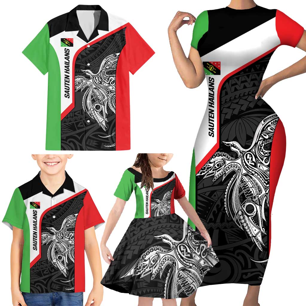 Personalised PNG Southern Highlands Province Family Matching Short Sleeve Bodycon Dress and Hawaiian Shirt Bird of Paradise Tattoo Flag Motif - Polynesian Pride