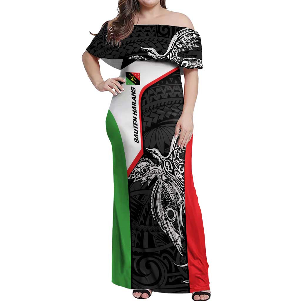 Personalised PNG Southern Highlands Province Off Shoulder Maxi Dress Bird of Paradise Tattoo Flag Motif - Polynesian Pride