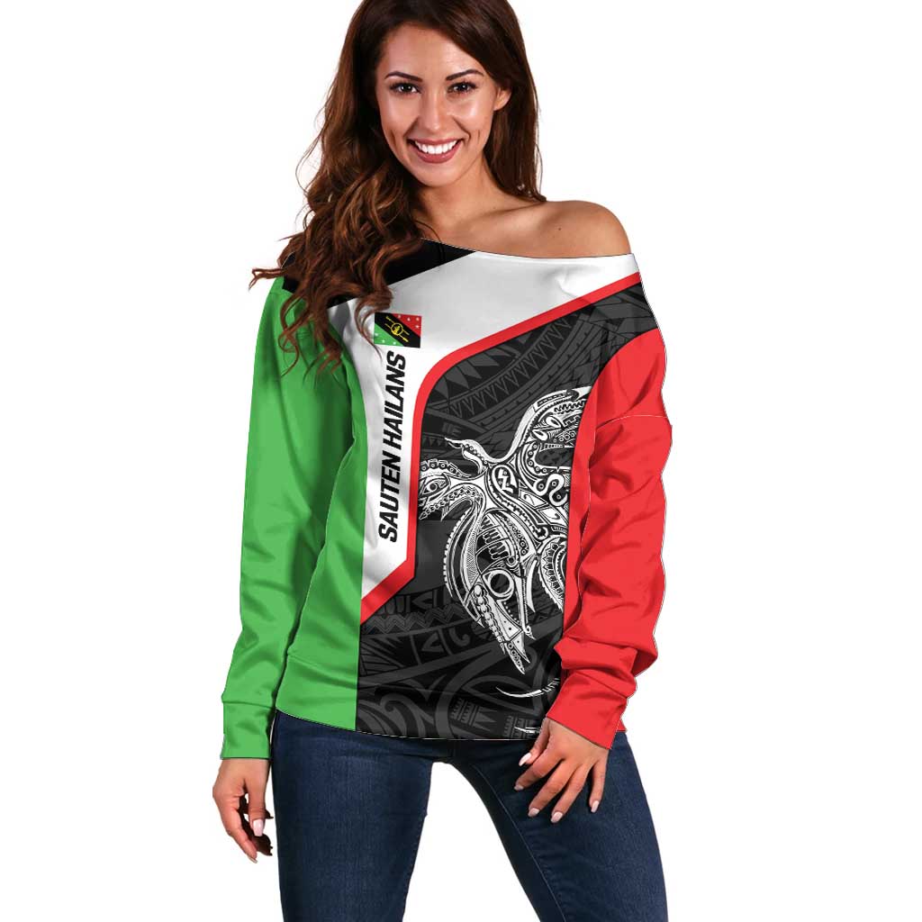 Personalised PNG Southern Highlands Province Off Shoulder Sweater Bird of Paradise Tattoo Flag Motif - Polynesian Pride