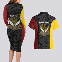 Personalised PNG Western Province Couples Matching Long Sleeve Bodycon Dress and Hawaiian Shirt Bird of Paradise Tattoo Flag Motif - Polynesian Pride
