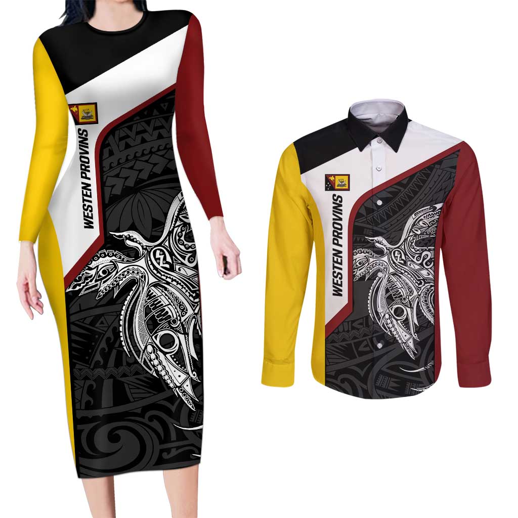 Personalised PNG Western Province Couples Matching Long Sleeve Bodycon Dress and Long Sleeve Button Shirt Bird of Paradise Tattoo Flag Motif - Polynesian Pride