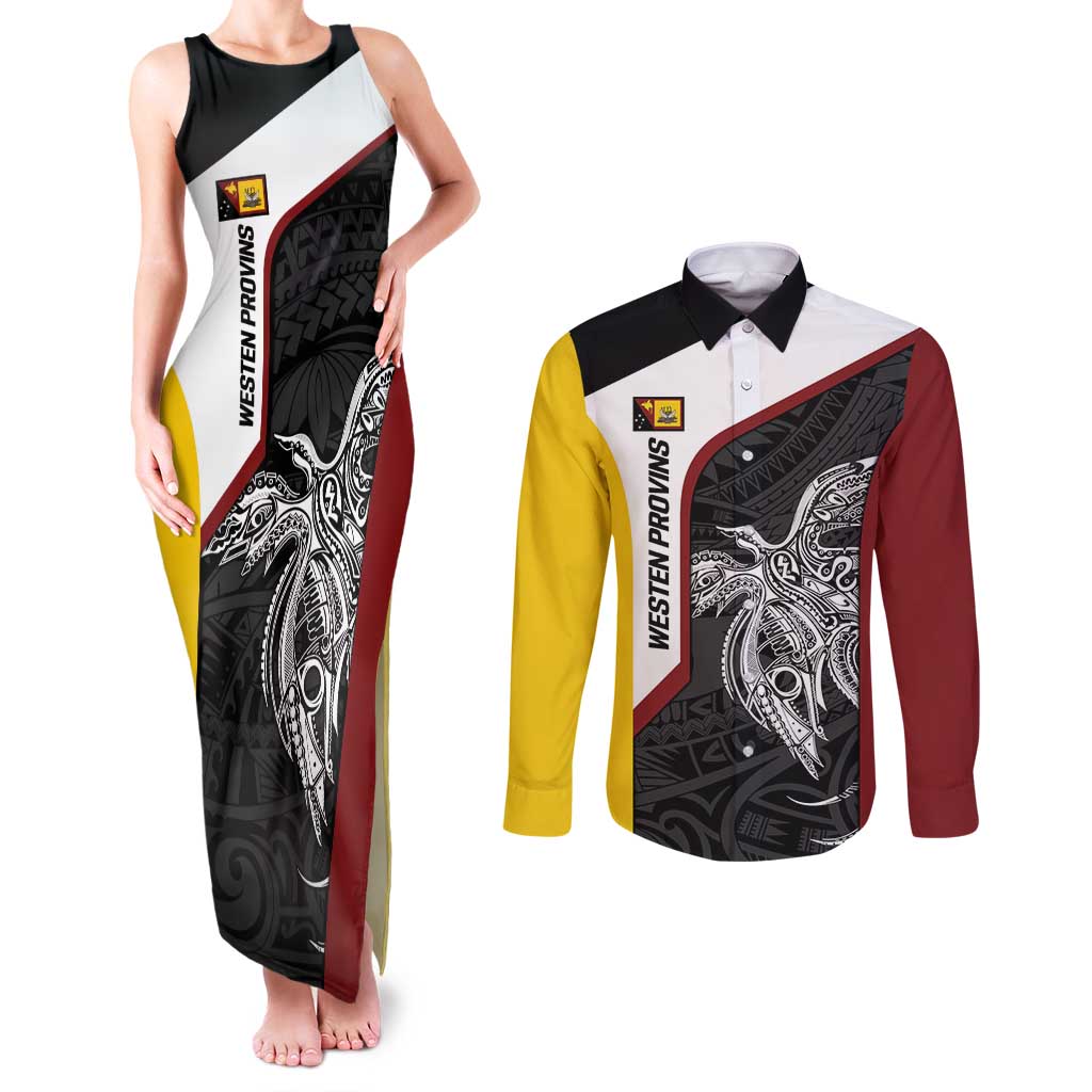 Personalised PNG Western Province Couples Matching Tank Maxi Dress and Long Sleeve Button Shirt Bird of Paradise Tattoo Flag Motif - Polynesian Pride