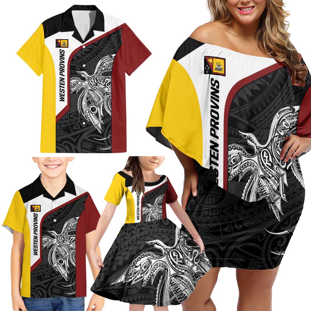 Personalised PNG Western Province Family Matching Off Shoulder Short Dress and Hawaiian Shirt Bird of Paradise Tattoo Flag Motif - Polynesian Pride