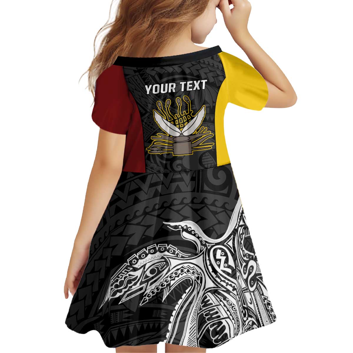 Personalised PNG Western Province Kid Short Sleeve Dress Bird of Paradise Tattoo Flag Motif - Polynesian Pride