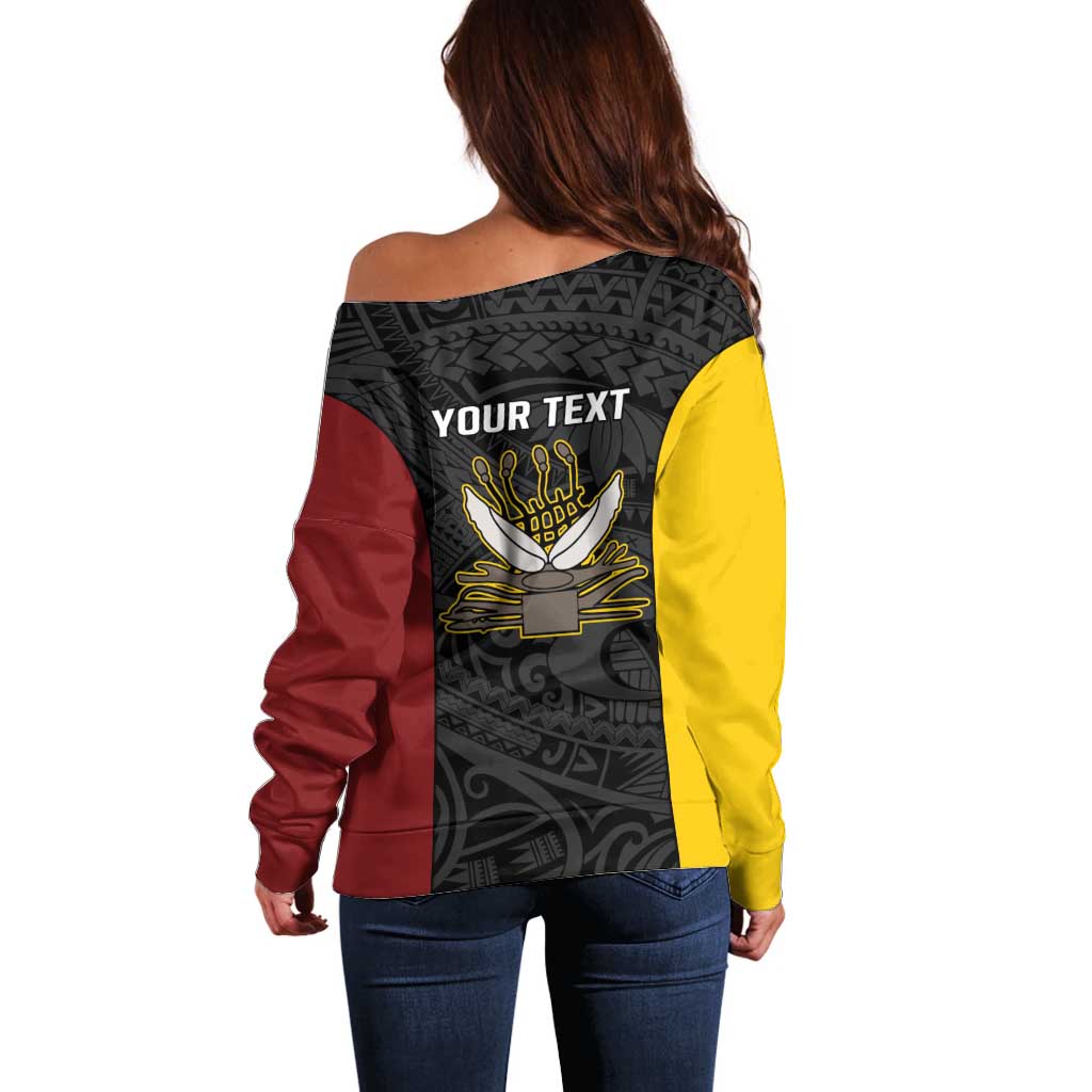 Personalised PNG Western Province Off Shoulder Sweater Bird of Paradise Tattoo Flag Motif - Polynesian Pride