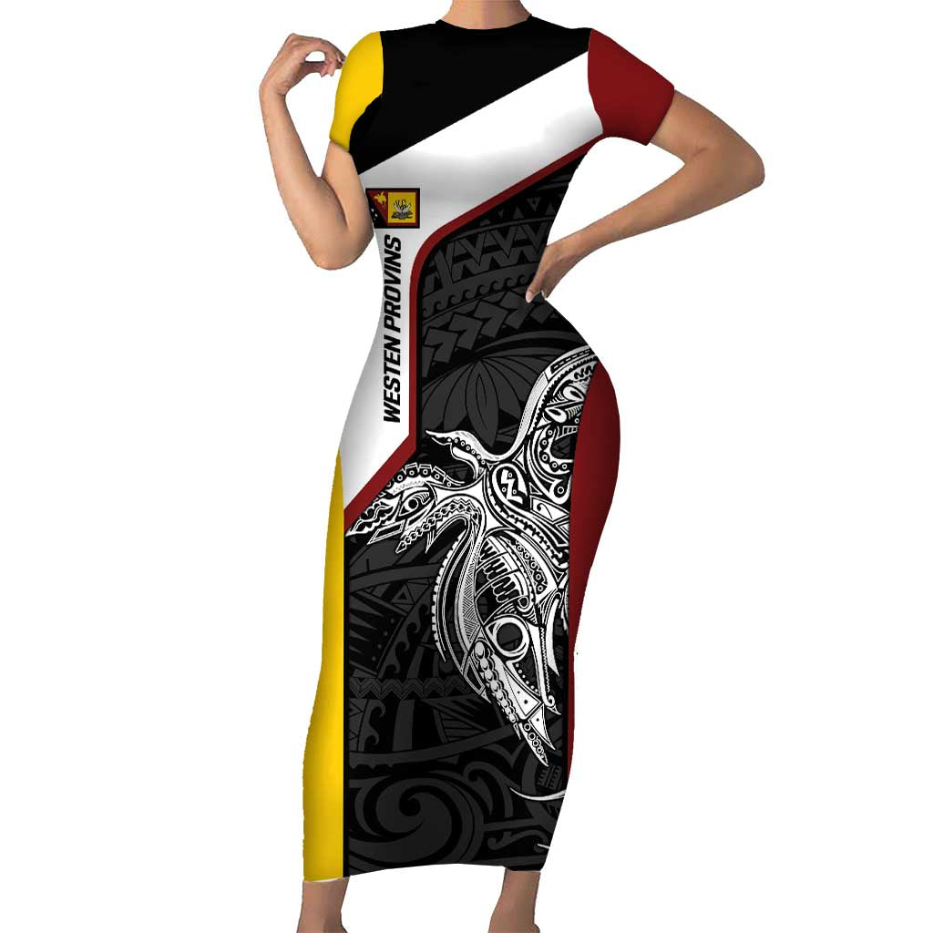 Personalised PNG Western Province Short Sleeve Bodycon Dress Bird of Paradise Tattoo Flag Motif - Polynesian Pride