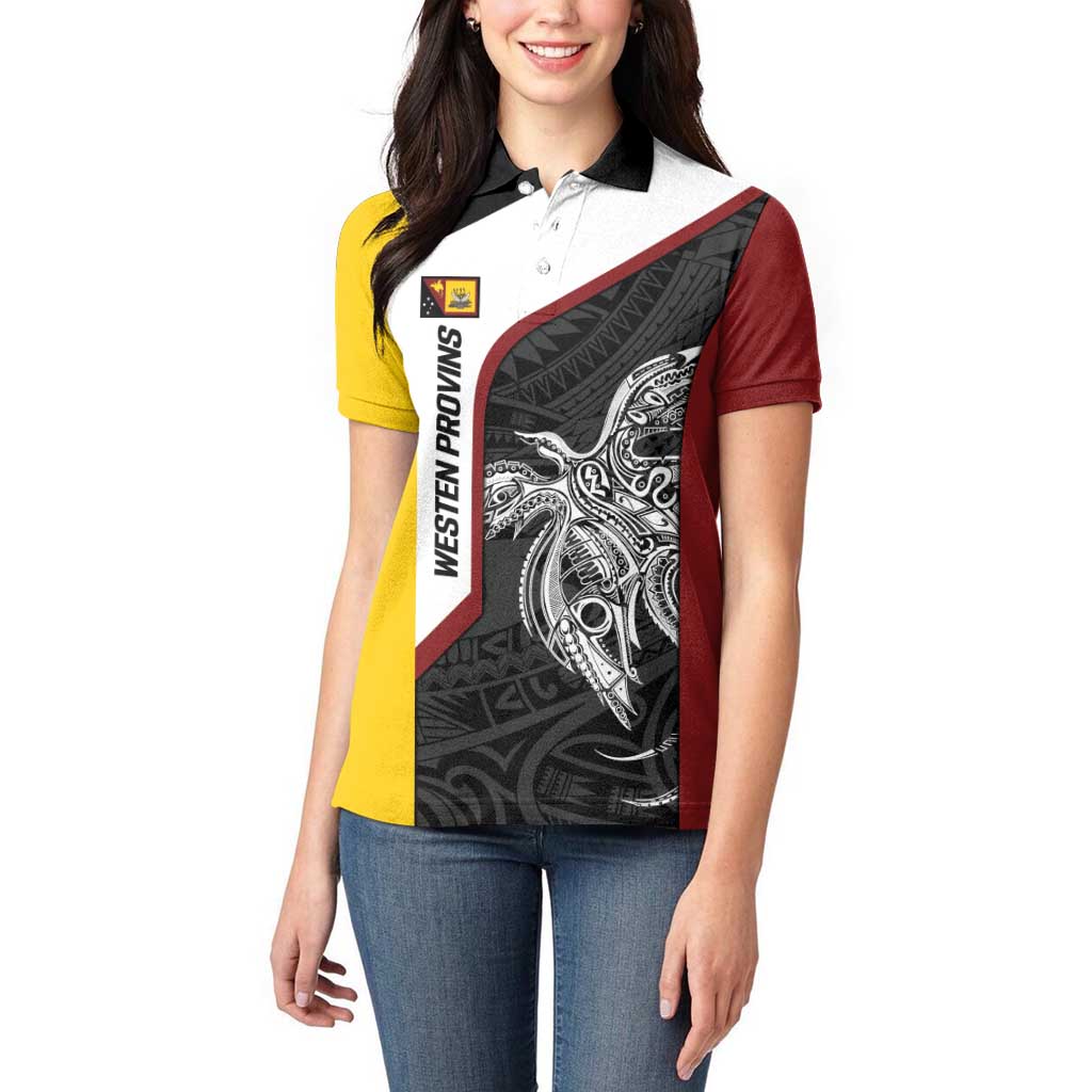 Personalised PNG Western Province Women Polo Shirt Bird of Paradise Tattoo Flag Motif - Polynesian Pride