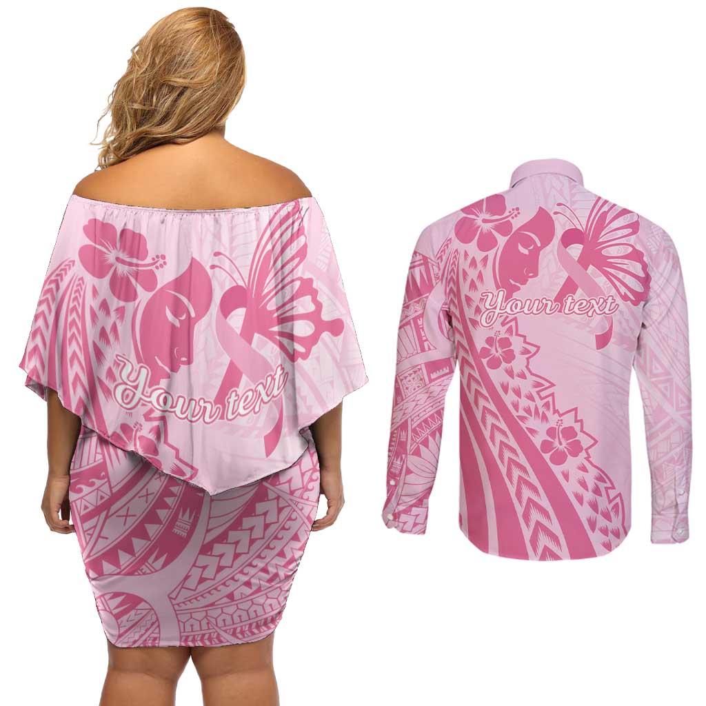 Pacific Girl and Butterfly Cancer Ribbon Personalised Couples Matching Off Shoulder Short Dress and Long Sleeve Button Shirt