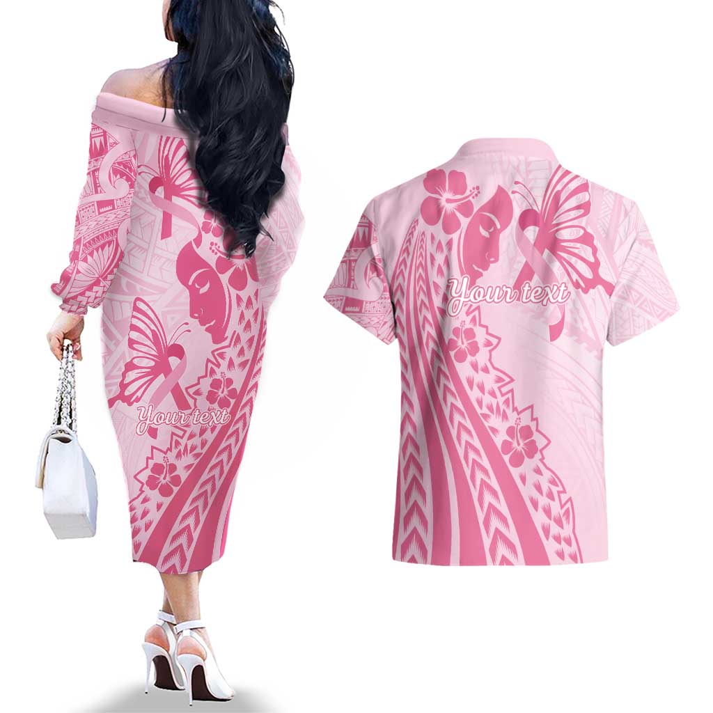 Pacific Girl and Butterfly Cancer Ribbon Personalised Couples Matching Off The Shoulder Long Sleeve Dress and Hawaiian Shirt