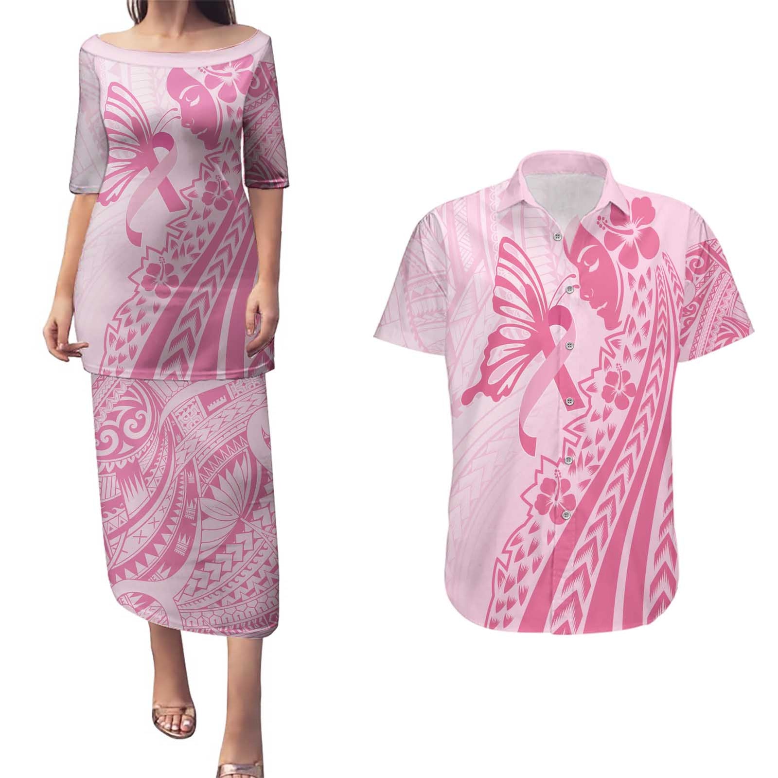 Pacific Girl and Butterfly Cancer Ribbon Personalised Couples Matching Puletasi and Hawaiian Shirt LT9 Pink - Polynesian Pride