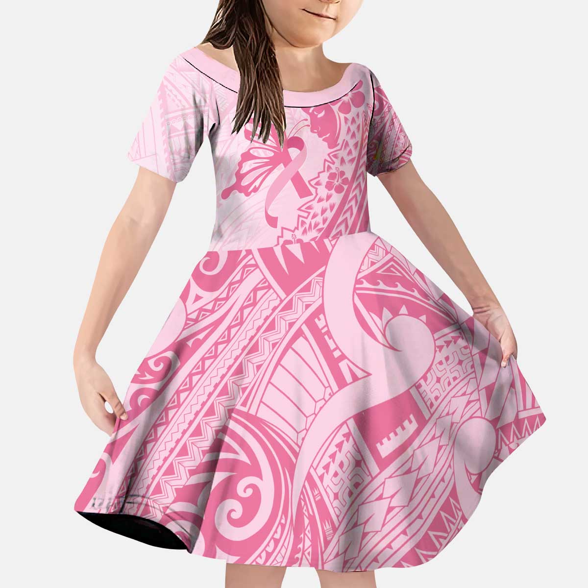 Pacific Girl and Butterfly Cancer Ribbon Personalised Kid Short Sleeve Dress LT9 KID Pink - Polynesian Pride