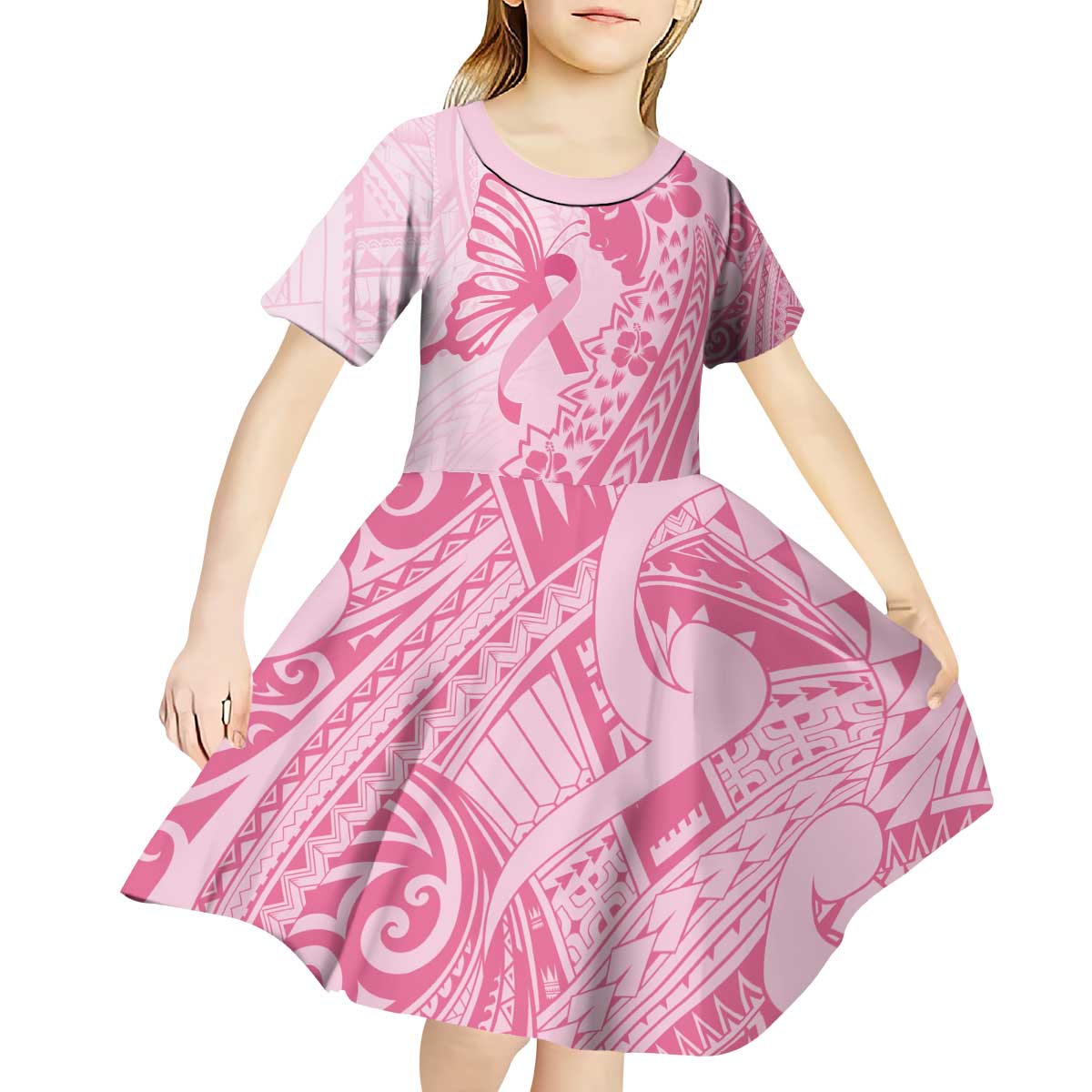 Pacific Girl and Butterfly Cancer Ribbon Personalised Kid Short Sleeve Dress LT9 - Polynesian Pride