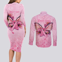 Faith Hope Love Butterfly Ribbon Personalised Couples Matching Long Sleeve Bodycon Dress and Long Sleeve Button Shirt