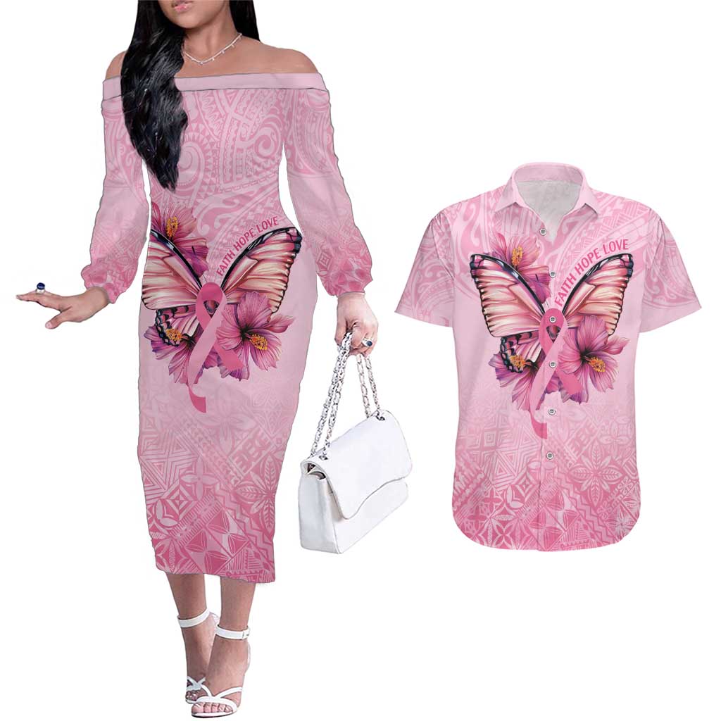Faith Hope Love Butterfly Ribbon Personalised Couples Matching Off The Shoulder Long Sleeve Dress and Hawaiian Shirt