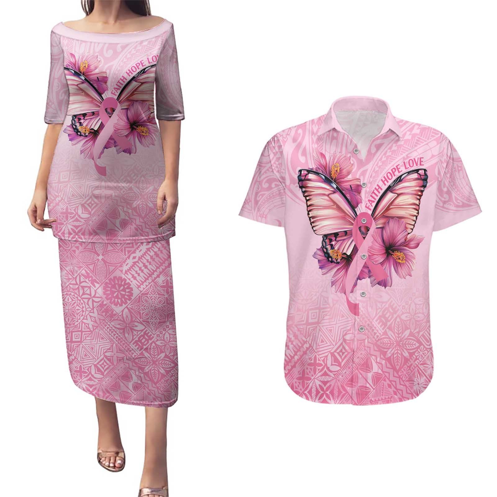 Faith Hope Love Butterfly Ribbon Personalised Couples Matching Puletasi and Hawaiian Shirt LT9 Pink - Polynesian Pride
