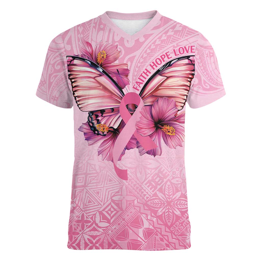 Faith Hope Love Butterfly Ribbon Personalised Women V-Neck T-Shirt LT9 Female Pink - Polynesian Pride