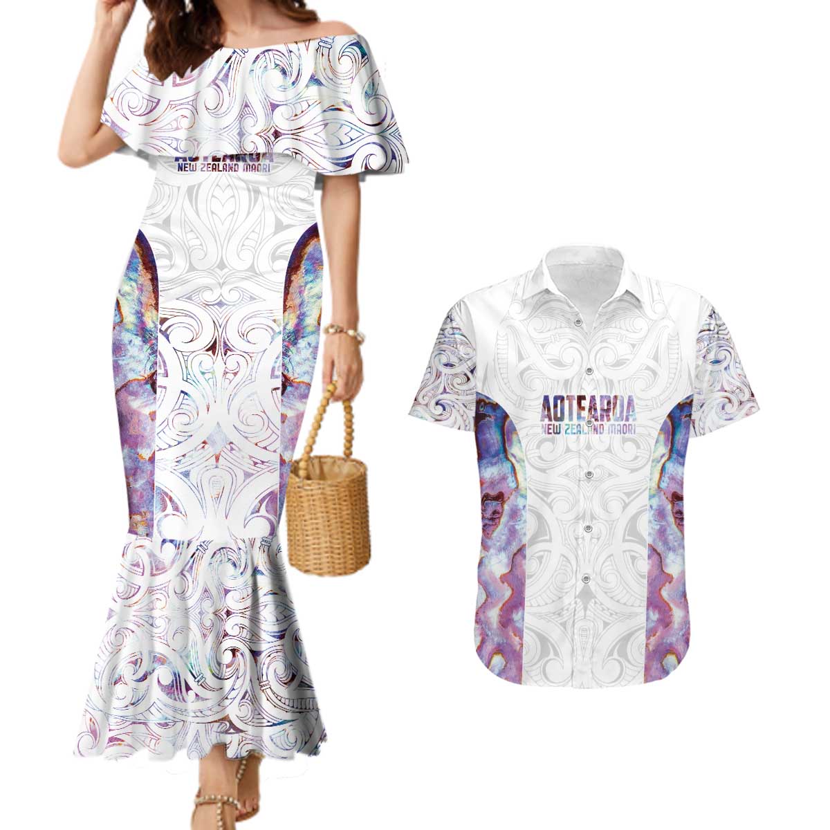 Custom New Zealand Aotearoa Couples Matching Mermaid Dress and Hawaiian Shirt Pink Maori Paua Shell Indigenous - Polynesian Pride