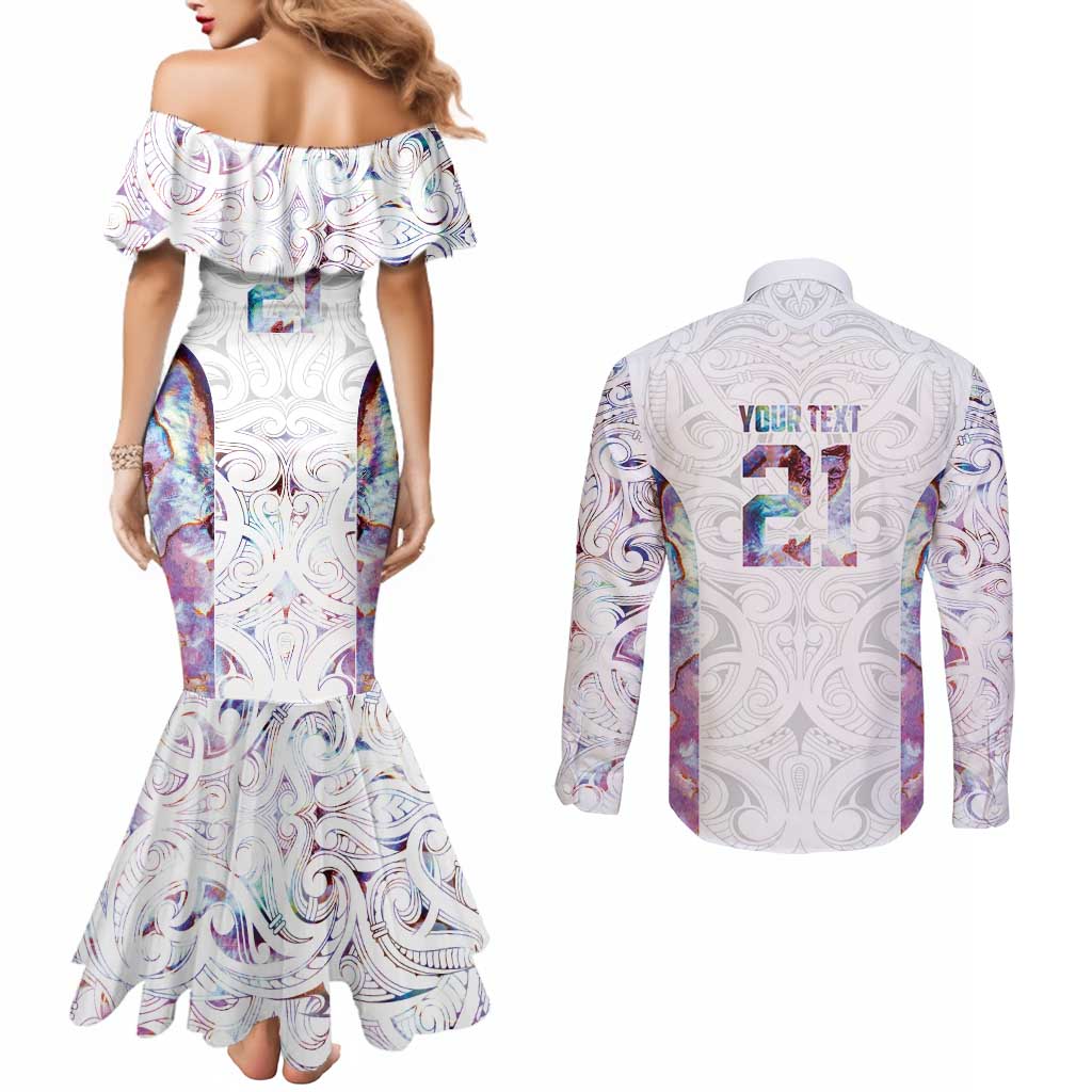 Custom New Zealand Aotearoa Couples Matching Mermaid Dress and Long Sleeve Button Shirt Pink Maori Paua Shell Indigenous - Polynesian Pride
