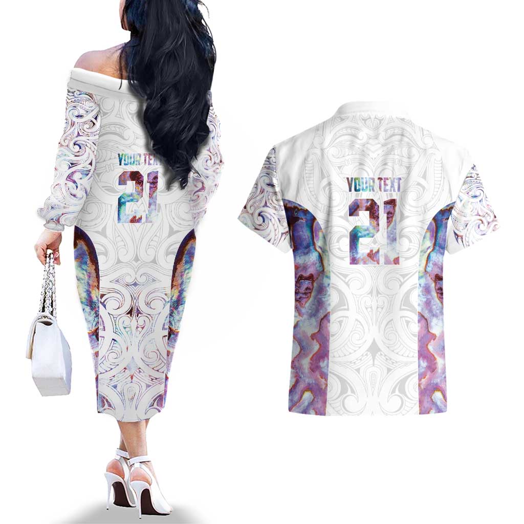 Custom New Zealand Aotearoa Couples Matching Off The Shoulder Long Sleeve Dress and Hawaiian Shirt Pink Maori Paua Shell Indigenous - Polynesian Pride